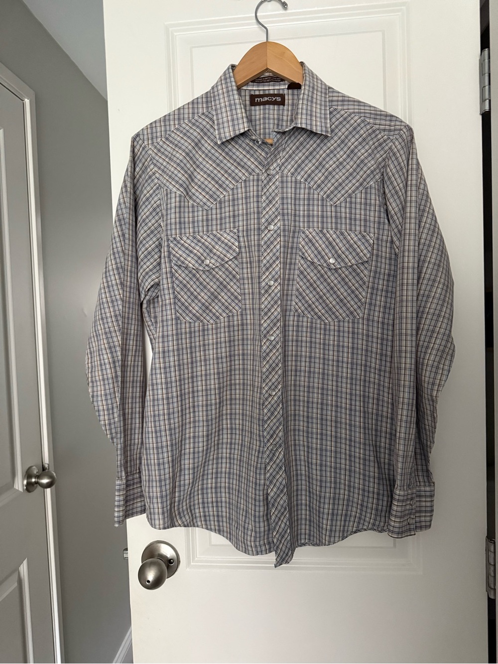 Macy's VINTAGE Men's Plaid Snap Button-Down Shirt Single Stitch